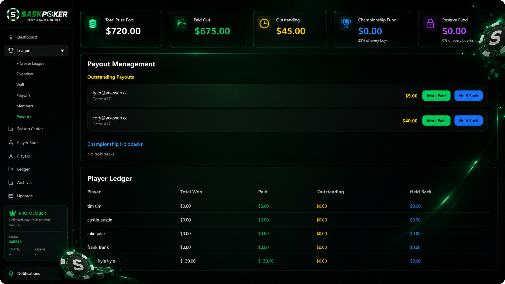 Poker league payout management dashboard showing prize pools season payouts and player winnings